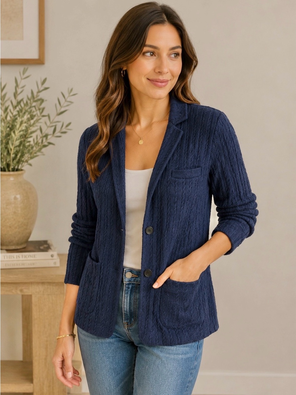JOIE Womens XS Navy Blue Cable Knit Wool Blazer Jacket Cardigan Sweater